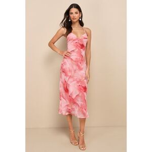 Lulus Bright Charm Pink Abstract Print Chiffon Slip Midi Dress - Size M